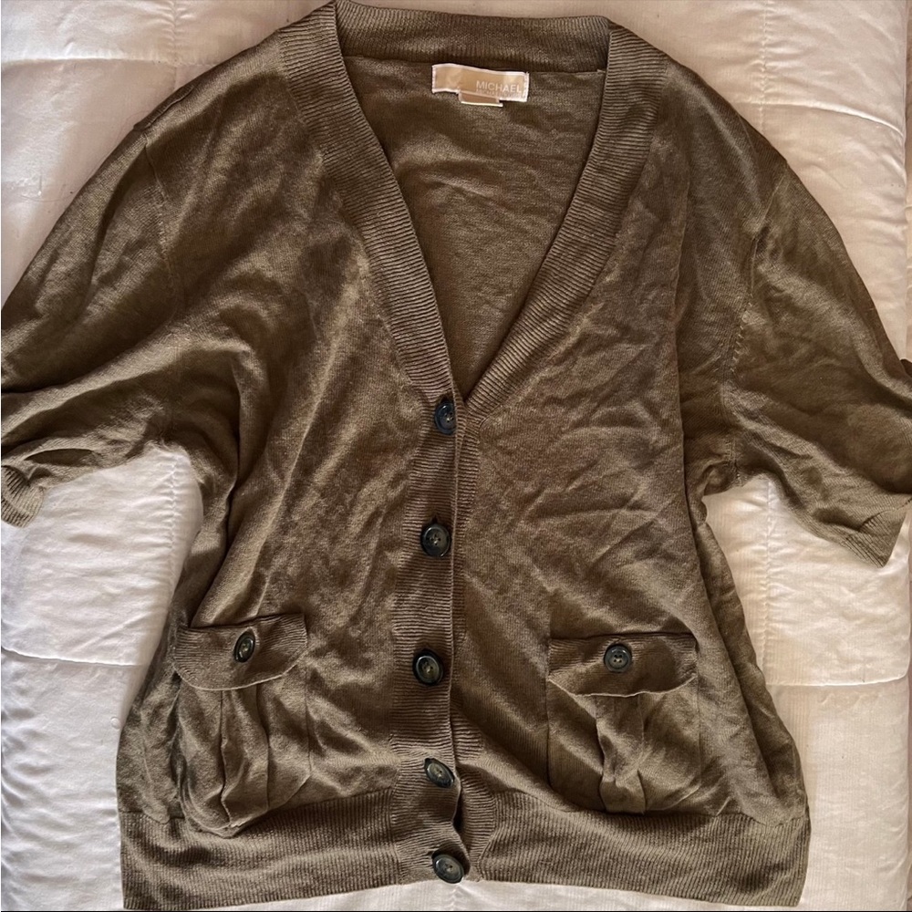 Michael Kors Earthy Green Cardigan with brown button sleeve
